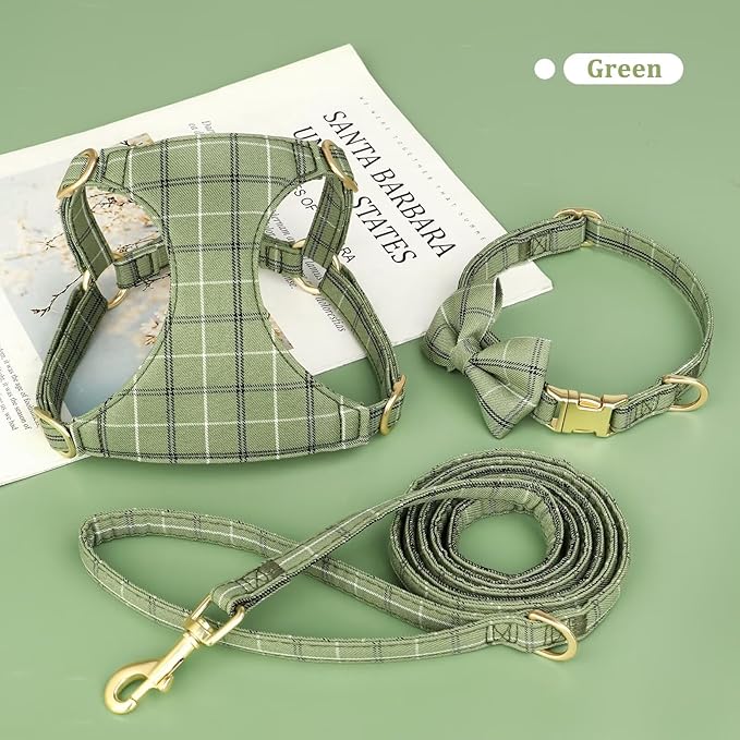 Beirui Cute Extra Small Dog Harness Collar and Leash Set with Bowtie, Soft Adjustable Plaid Puppy Harness for Small Sized Dogs Cats Walks Parties and Photoshoots(Green,XS:Chest 13-18")