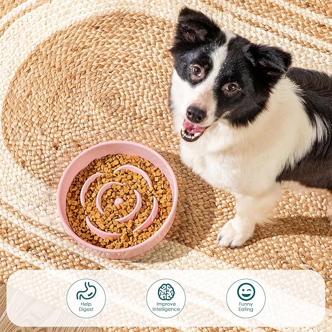 vancasso Slow Feeder Dog Bowl, 3 Cups Ceramic Slow Feeder for Large Breed, Puzzle Maze Dog Food Bowl for Fast Eater, Pink