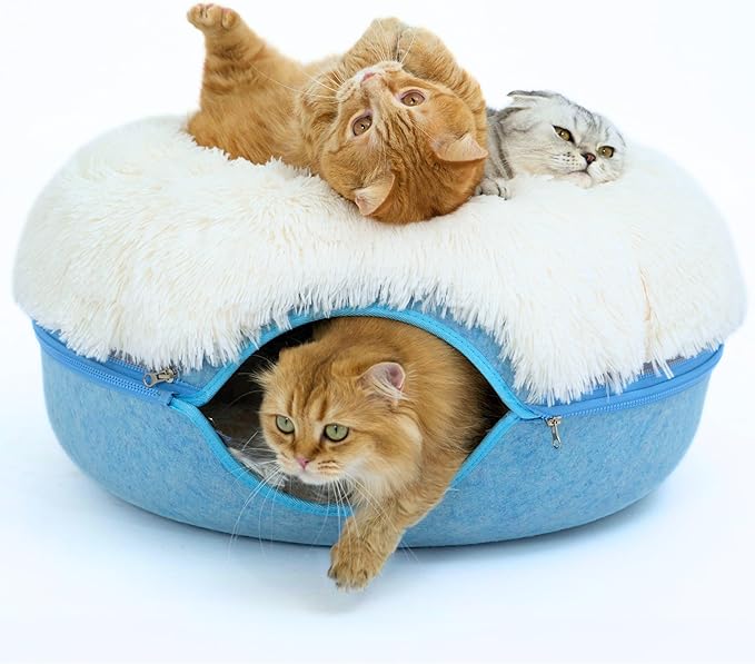 CATTASAURUS Peekaboo Cat Cave for Multiple & Large Cats Up to 30-45 Lbs, Fluffy Cat Beds for Indoor Cats, Scratch Detachable & Washable Tunnel Bed, Comfy Donut Cave (Blue, Large (Calming))