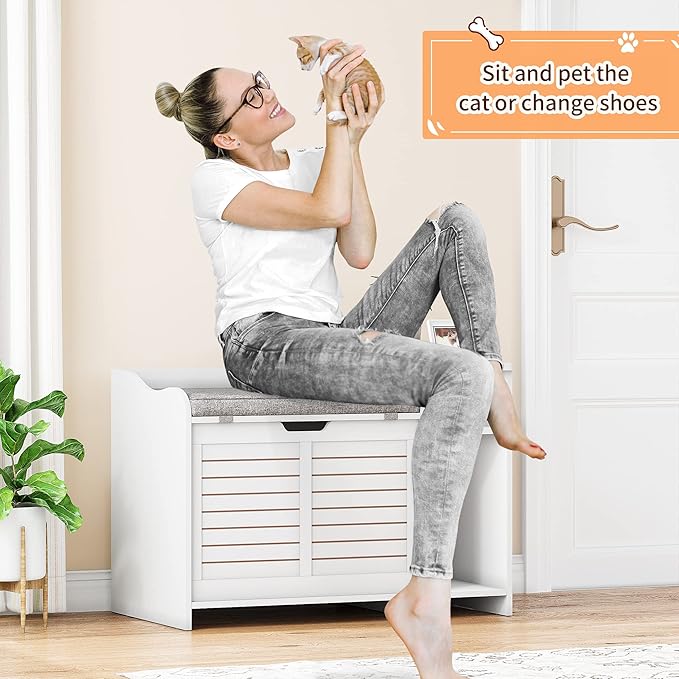 Cat Litter Box Enclosure Furniture with Top Opening and Cushion, Hidden Litter Box Cabinet with Storage, Privacy Cat Box Enclosure, White