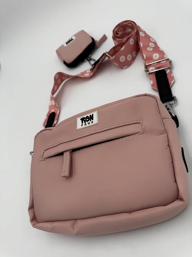 Dog Walking Crossbody with Treat Pouch & Tripod - Hands-Free Storage with Phone Holder, Poop Bag Dispenser, Hook for Used Poop Bags & Training Features (Pink)