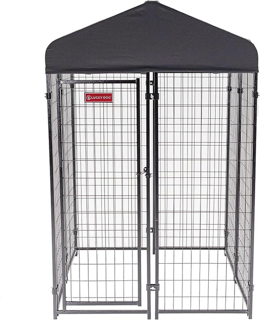 Lucky Dog Outdoor Steel Frame Kennel Enclosure w/Grey Canopy, Stay Series, 4'x4'x6'