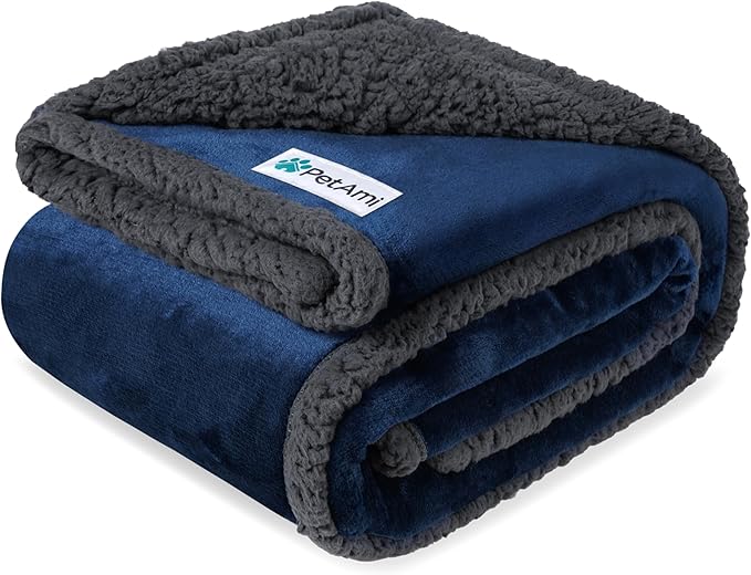 PetAmi Waterproof Dog Blanket for Queen Bed Large XL Dog Throw for Couch Cover Leakproof Furniture Protection, Sherpa Fleece, Reversible Soft Washable 90x90 Navy Gray