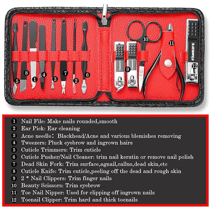 FAMILIFE Nail Kit, Professional Manicure Set Manicure Kit Nail Clipper Set, 13 in 1 Stainless Steel Pedicure Sets Clipper Tool, Men Grooming Tool with Portable Black Leather Travel Case for Him