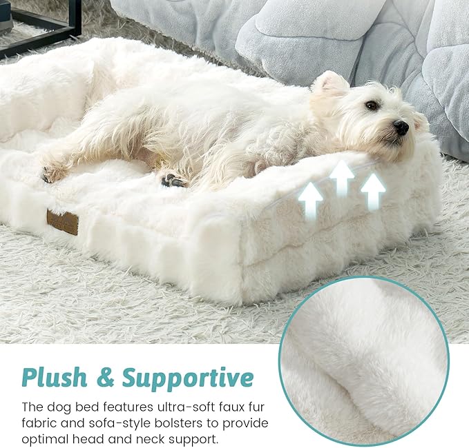 Faux Rabbit Fur Orthopedic Dog Bed, Dog Bed for Medium Size, Supportive Foam Pet Sofa with Waterproof Lining Cover, Washable U-Shaped Pet Couch with Anti-Slip Bottom, Beige M 30x20x6.5 inch