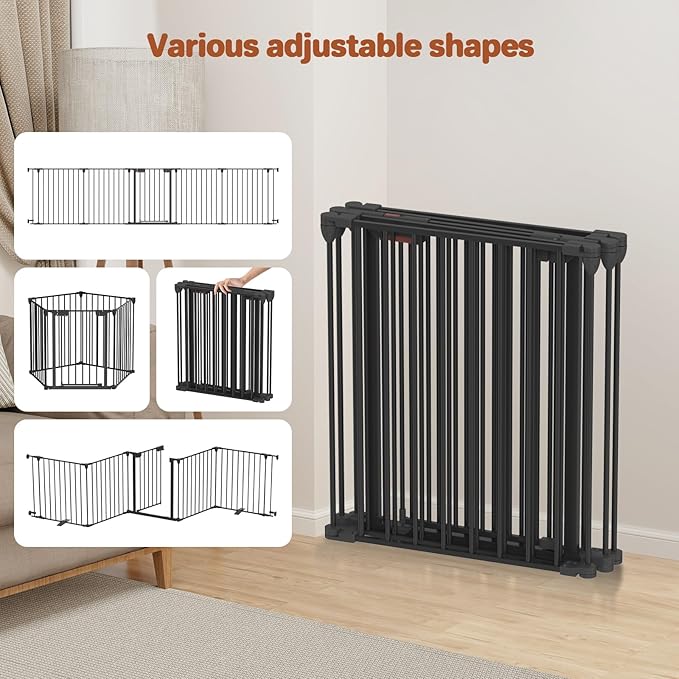 Dog Gate 27.5"-129" Extra-Wide Playpen, Freestanding Pet Gate, Puppy Fence with Auto-Close Door, Double Locking System for Fireplace, Foldable (Black, 5 Panels