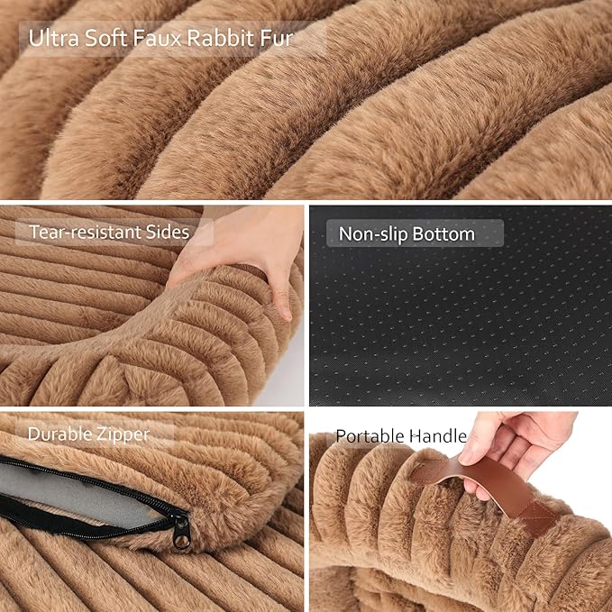 Cute Washable Dog Bed for Medium Large Dogs, Calming Furry Bolster Dog Bed, Durable Rectangle Anti-Anxiety Comfy Large Pet Bed, Removable Zipper Cover & Anti-Slip Bottom, 35x27x5inches, Brown