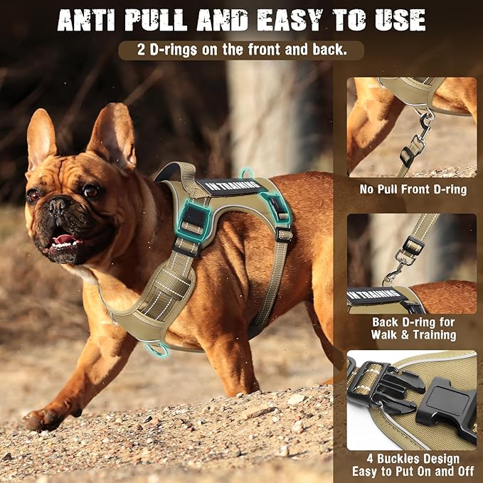 Tactical Dog Harness and Leash Set Small Sized Dog,Heavy Duty No Pull Service Dog Vest and 10 Patches with Dog Seat Belt,Reflective Adjustable Pet Harness for Training Walking Hiking Brown S