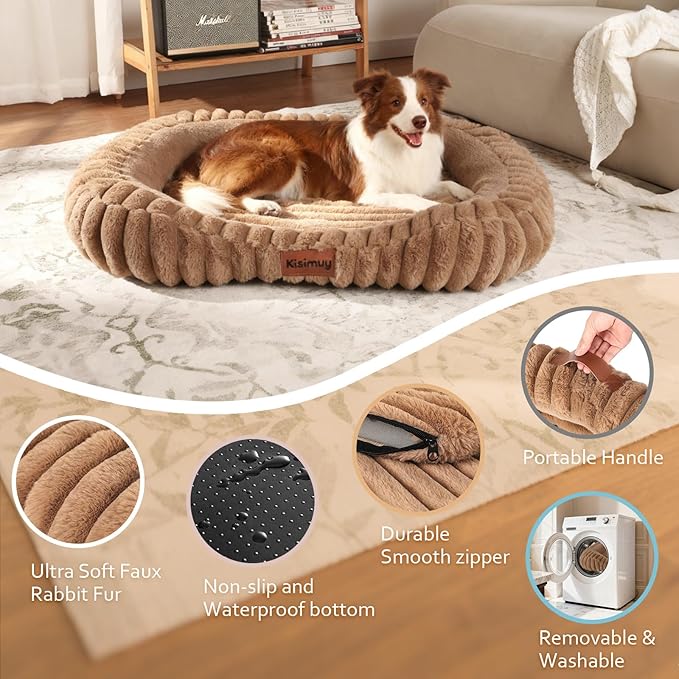 Washable Medium Size Dog Bed, Durable Calming Orthopedic Pet Bed with Removable Cushion Cover & Anti-Slip Bottom, Rectangle Bolster Sides Dog Bed with Handle, 30x24x4inches, Brown