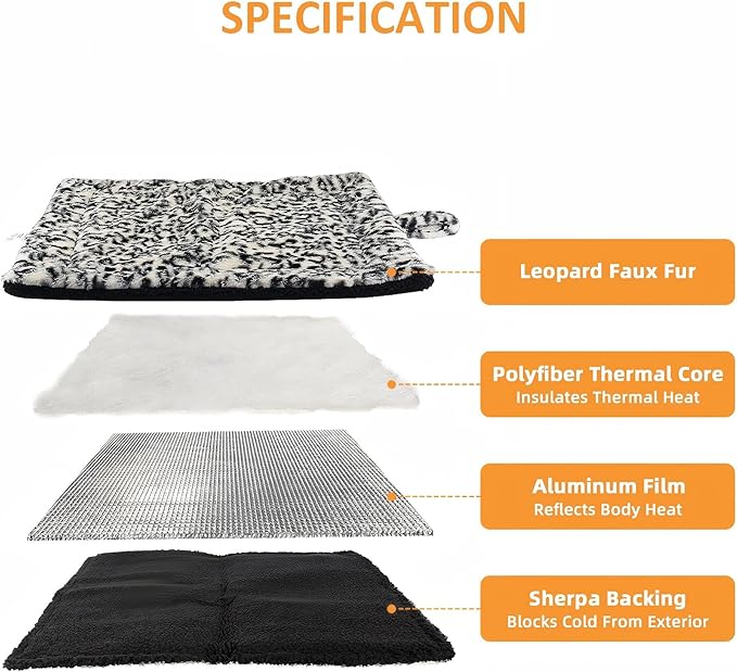 Self Warming Cat Bed Pad, Thermal Non Electric Heating Mat for Cats and Small Dogs, Washable Self Heating Pet Blanket with No Slip Hook, Soft Indoor Outdoor Bed Pad, 22x18 in, Black White