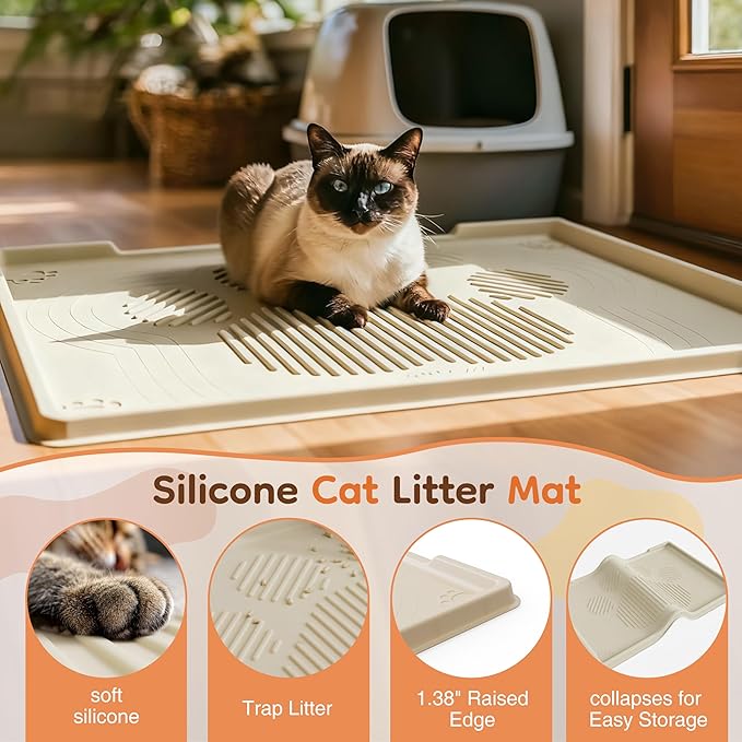 ISSEVE Cat Litter Mat 40" x 28" XL, Extra Large Silicone Mat for Litter Box, 1.38" Raised Edge Urine Waterproof Litter Trapping Mat Pad for Scatter Control, Soft on Kitty Paws, Protect Floor (Beige)