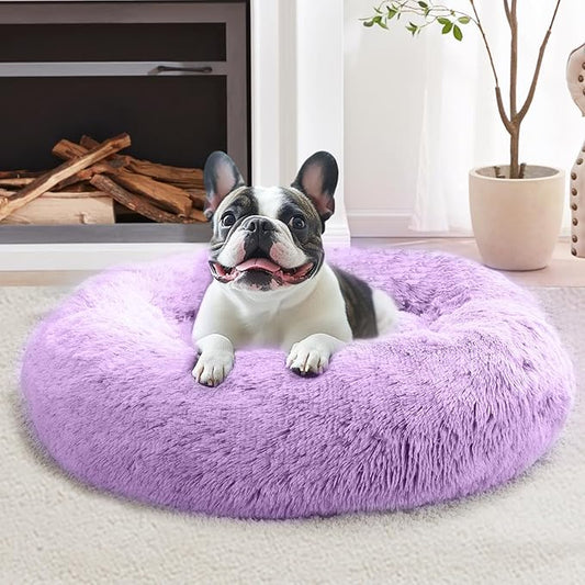 JOLLYVOGUE Calming Dog Bed for Small Dogs - 23 inches Donut Washable Small Dog Bed for Kittens & Puppies, Anti-Slip Round Fluffy Plush Faux Fur Cat Beds (Fits up to 25 lbs Pets, Purple)