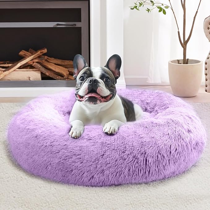 JOLLYVOGUE Calming Small Dog & Cat Bed for Indoor Cats - 20 inches Washable Donut Bed for Kittens & Puppies, Anti-Anxiety Round Fluffy Plush Pet Beds (Fits up to 15 lbs, Purple)