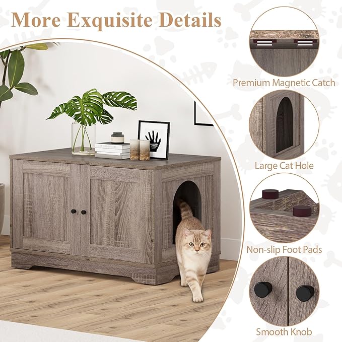 Tangkula Cat Litter Box Enclosure, Wooden Kitty Washroom Cabinet w/Winding Entry & Cat Hole, with Divider, Hidden Double Enclosed Litter Box Furniture for Living Room, Bedroom, Entryway (Grey)