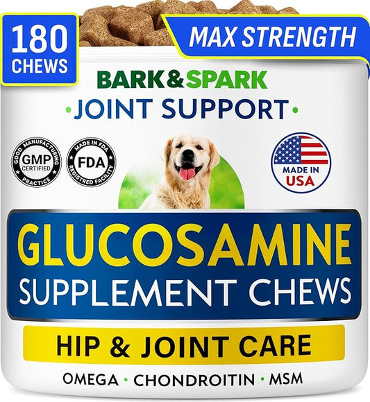 BARK&SPARK Glucosamine Chondroitin Dog Hip & Joint Supplement - Joint Pain Relief - Hip & Joint Chews - Joint Support Large Small Breed - Senior Doggie Vitamin Pill Joint Health (180 Treats - Bacon)
