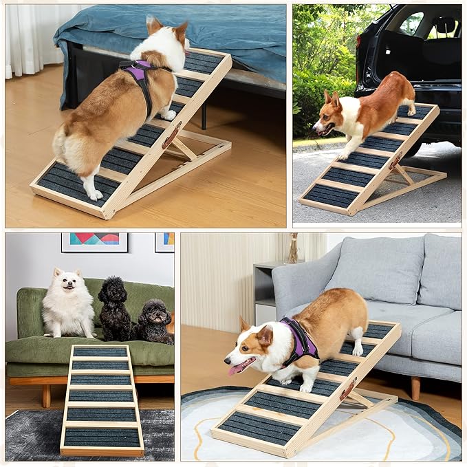COZIWOW Dog Ramp for Bed, 4 Height Adjustable from 16" to 24" Portable Pet Ramp for Bed Car Couch Stairs Ramp for Dog Get on Bed Couch Truck SUV