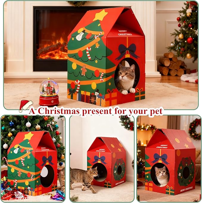 Cat House Scratcher Cardboard, Christmas Theme Thick Scratching House, pet Lounge Bed for Indoor Rest & Play, pet Scratcher Pad (12 "L X 12" W X 20" H)
