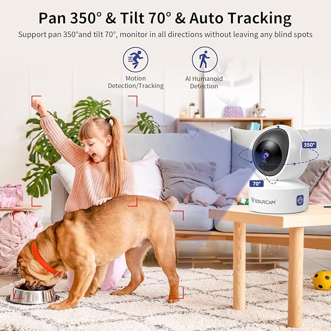 VSTARCAM 3MP Pet Camera Indoor with Phone App, 360° Indoor Security Camera with Color Night Vision, Motion Detection & 2-Way Audio, 24/7 SD & Cloud Storage，2.4GHz WiFi, in Plug