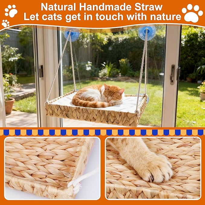 Cat Window Perch with 4 Strong Suction Cups and Ball Toy, Handwoven Straw Cat Window Hammock Sturdy Hanging Bed Seat Soft Cushion for Indoor Cats
