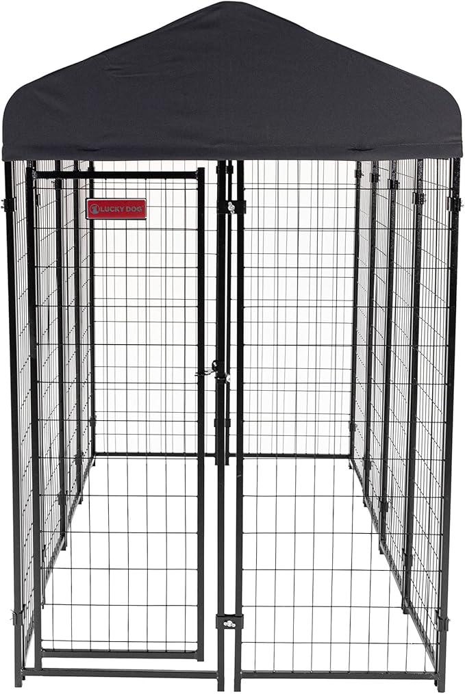 Lucky Dog® Stay Series® Villa Kennels - 4x8x6 ft - Black Powder Coat Steel Frame - Large Outdoor Dog Kennel with Waterproof Canopy Roof and Single Gate Door - Grey