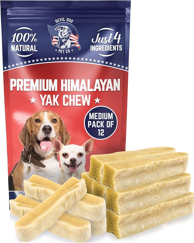 Devil Dog Pet Co. Himalayan Yak Cheese Dog Chews, Medium - 12 Pack, 100% Natural & Healthy, Lactose-Free, Long-Lasting Dog Treats, Premium Yak Milk Chew Bones for Dogs