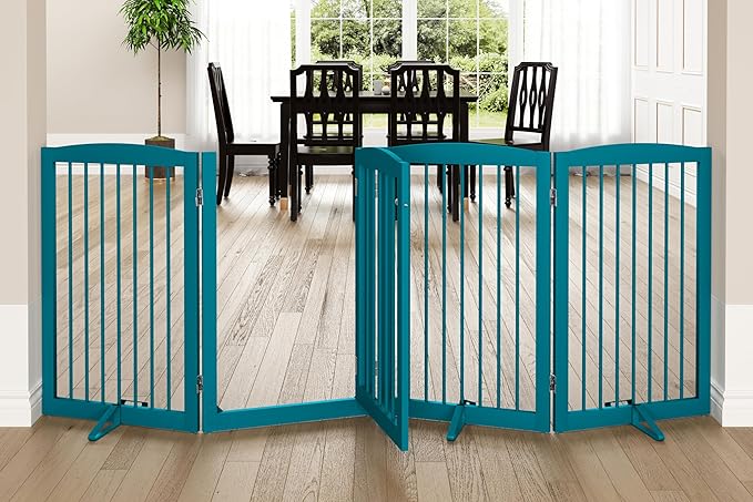 Freestanding Dog Gates with Door Walk Through, Pet Gate for Stairs, 80 inch Wide Gates Indoor, Dog Fences Indoor, Support Feet Included, 4 Panels, 32" Tall, Blue