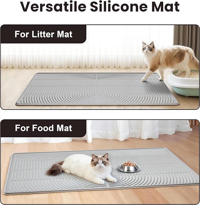 Cat Litter Mat, 40" x 28" Extra Large Silicone Litter Box Mat for Floor, Pet Trapping Litter Rug Pad, Soft Cat Paws, Easy to Clean, Waterproof/Urine-Proof, Garbage Recyclable (Gray)