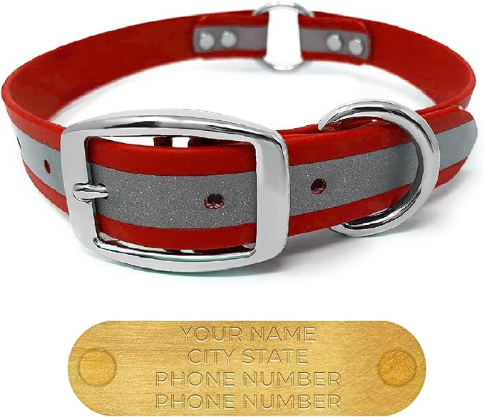 Regal Dog Products Large Red Reflective Dog Collar with Custom Engraved Name Plate and Heavy Duty Center Ring | Waterproof Biothane Personalized Dog Collars - Other Sizes for Small & Medium Dogs