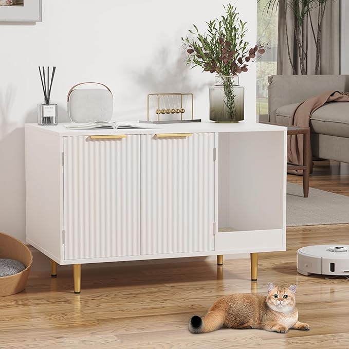 Litter Box Enclosure, Cat House Litter Box Furniture Hidden with Scratching Mat, Modern Cat Washroom Indoor, Side End Table, Storage Cabinet Bench for Living Room, Bedroom, White
