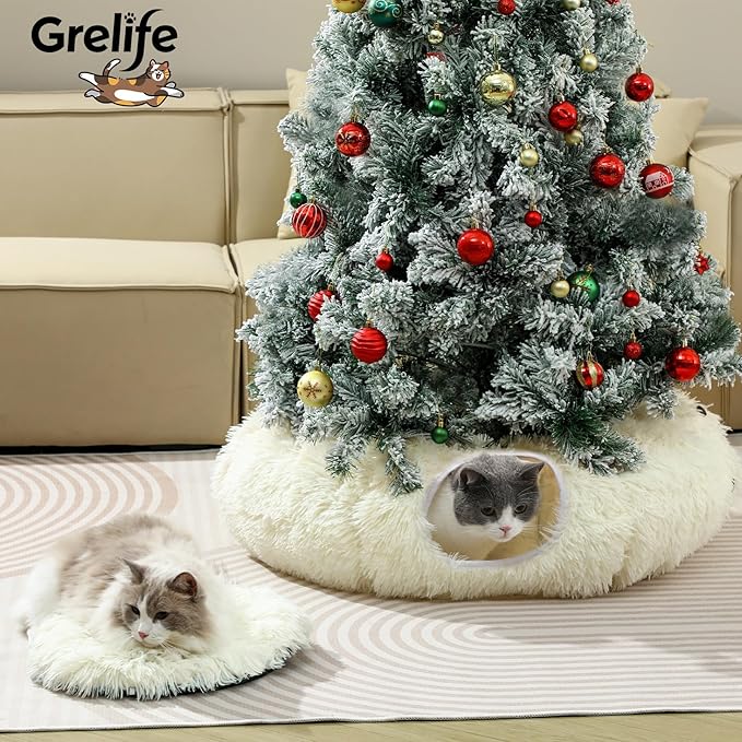 Grelife Cat Tunnel Bed for Indoor Cats, Large Cat Tunnel Christmas Tree Skirt, Cat Donut Tunnel Toys with Soft Plush, for Cats, Kittens, Small Pets(33.52")
