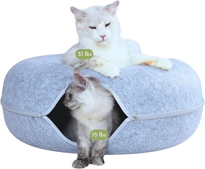 Cattasaurus Peekaboo Cat Cave Donut for Multiple & Large Cats up to 30-45 lbs, 3-in-1 Self Warming Cat Bed, Tunnel & Scratcher for Indoor Cats, Washable & Detachable Small Dog Bed (Light Gray, Jumbo)
