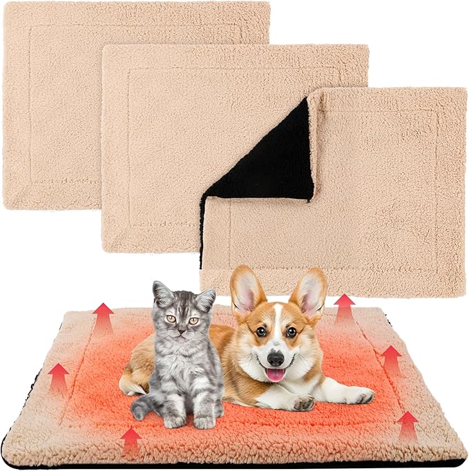 Novabright 3 Pack Self Warming Cat Bed 17x22 Inch Self Heating Dog Mat Reflects Body Heat Extra Warm Thermal Pet Pad Washable Cat Dog Bed for Outdoor Indoor Large Kittens Puppy(Black/Khaki)