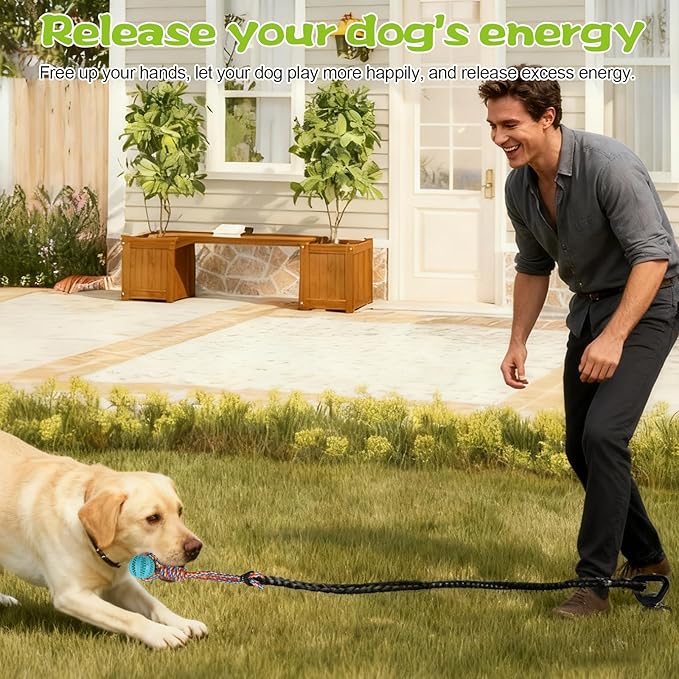 Tether Tug Outdoor Dog Toy with Upgraded Steel Stake & Adjustable Safety Rope, Includes 3 Chew Toys , Durable Interactive Tug of War Bungee Rope Toy for Large, Medium & Small Dogs on Lawns or Trees