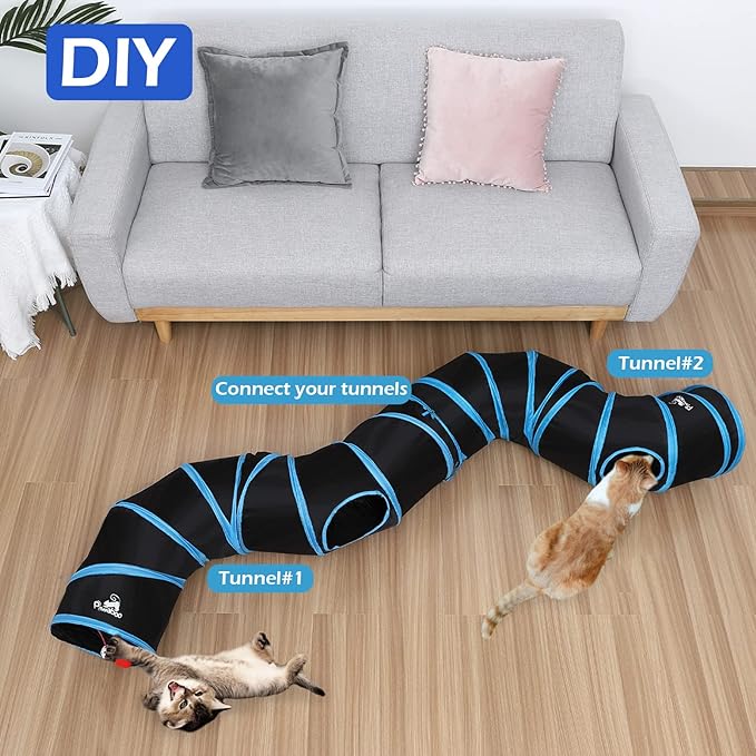 Pawaboo Cat Toys, Cat Tunnel Tube S-Shaped Tunnels 25x97cm Extensible Collapsible Cats Play Tent Interactive Toy Maze Cats House with Balls and Bells for Kitten Kitty Rabbit Small Animal, Blue