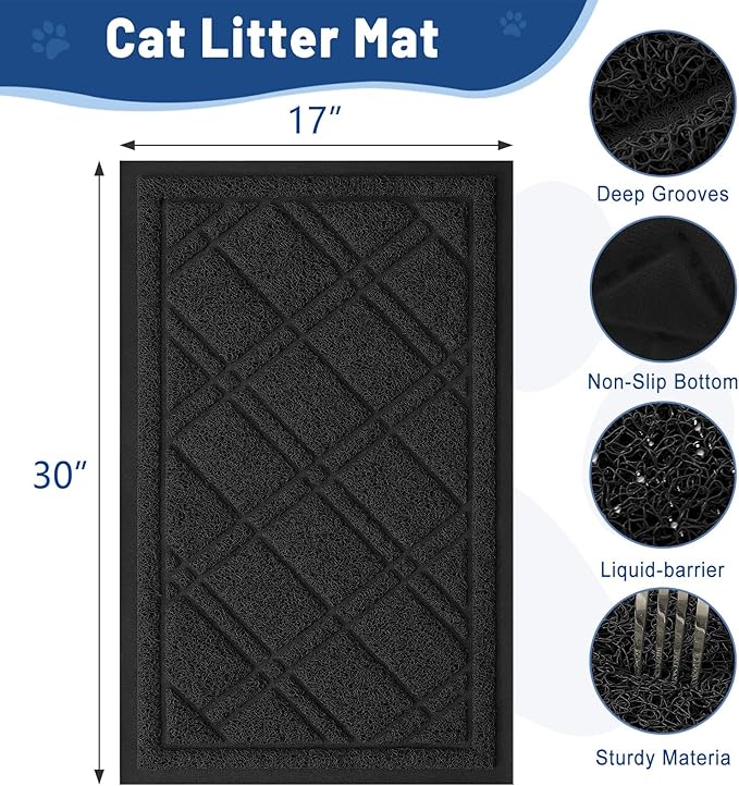 Smiry Cat Litter Box Mat 30x17, Non-Slip Water Resistant Litter Trapping Mat, Easy Clean Less Waste and Urine-Locking Cat Carpet for Indoor, Black