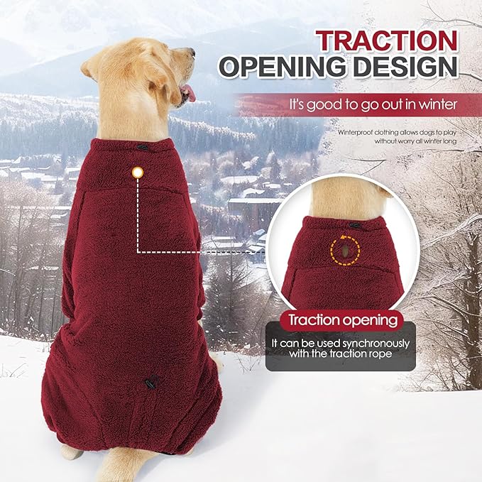 Dog Winter Coat, Warm Fleece Dog Jacket, Windproof Pullover Jumpsuit, Full Body Pajamas Onesie, Cold Weather Clothes for Medium Large Dog(3Xlarge,Red)