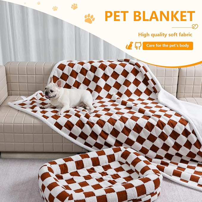 Waterproof Pet Blanket,Dog Bed Covers Couch Sofa Stylish Jacquard Pets Throw Blankets for Puppy Cats Washable Reversible Furniture Protection Covers (Coffee Check,L)