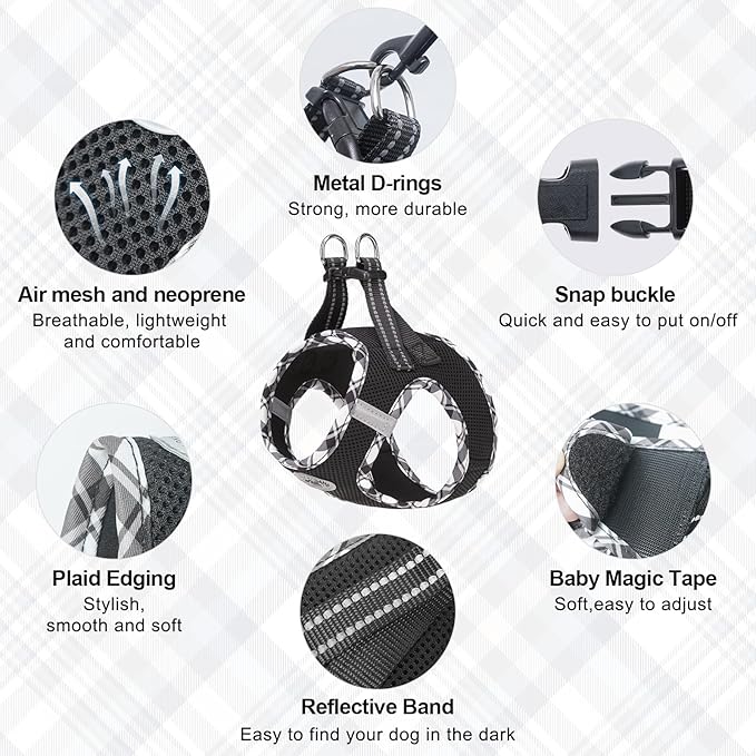 BEAUTYZOO Step in Dog Harness and Leash Set,Reflective Dog Harness No Pull No Choke Puppy Harness for Small Medium Large Dogs Cats,Soft Padded Mesh Vest Harnesses for Girl and Boy Pets,Black Plaid M
