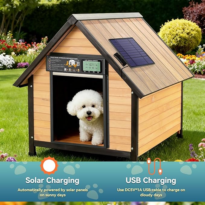 Solar Powered Automatic pet Door, LCD Display, Timer, Light Sensor, Remote Control, 6000mAh Battery, 4 Operation Modes