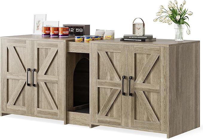 55" Cat Litter Box Enclosure, Double Litter Box Cabinet with Cat Bed, PVC Pad and Scratch Pad, Hidden Litter Box Furniture for 2 Cats with Storage and 2 Entrances, Grey