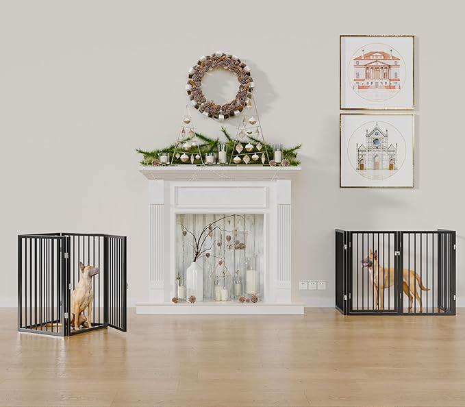 Vantas Folding No-Assembly Metal Pet Gate 80" Wide, 24" Extra Tall Dog Gate with Door Walk Through, Freestanding Accordion Puppy Gate Dog Door for Indoor & Outdoor, with 2PCS Support - Black