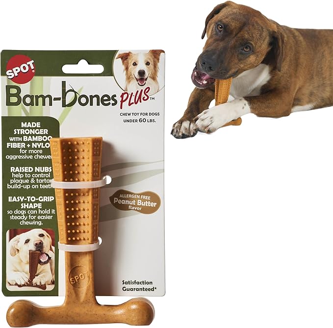 SPOT Bam-Bones Plus T Bone - Bamboo Fiber & Nylon, Durable Long Lasting Dog Chew for Aggressive Chewers – Toy for Dogs & Puppies Under 60lbs, Non-Splintering, 6in, Allergen Free Peanut Butter Flavor