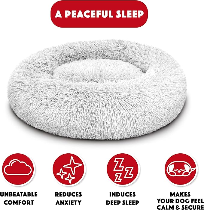 The Dog's Bed Sound Sleep Donut Dog Bed, Small Ice White Fur Calming Nest Bed, Veterinary Approved