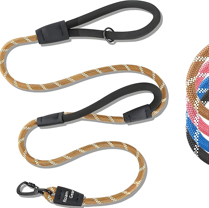 6 Foot Dog Leash, Two Extra Padded Handles, Locking Carabiner Clip, Reflective for Night Visibility, Weatherproof, Heavy Duty Rope Leash, Roam Gear (Brown)