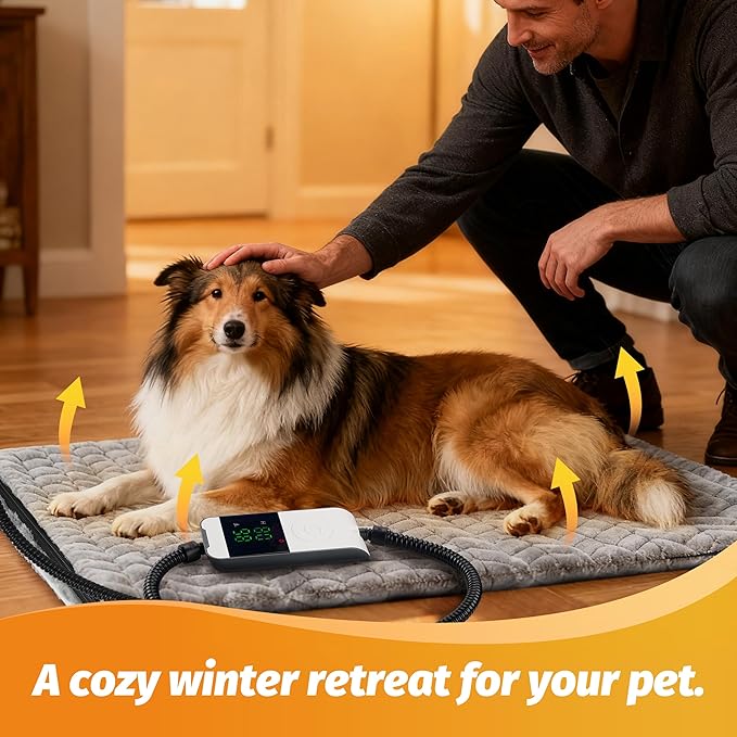 PatiencET 18"x28" Heated Pet Bed – Large Cat & Small Dog Heating Pad, 6-Temp Thermostat, 5-Timer, Washable Flannel Cover, Warming Mat for Sofa, Crate, Kennel