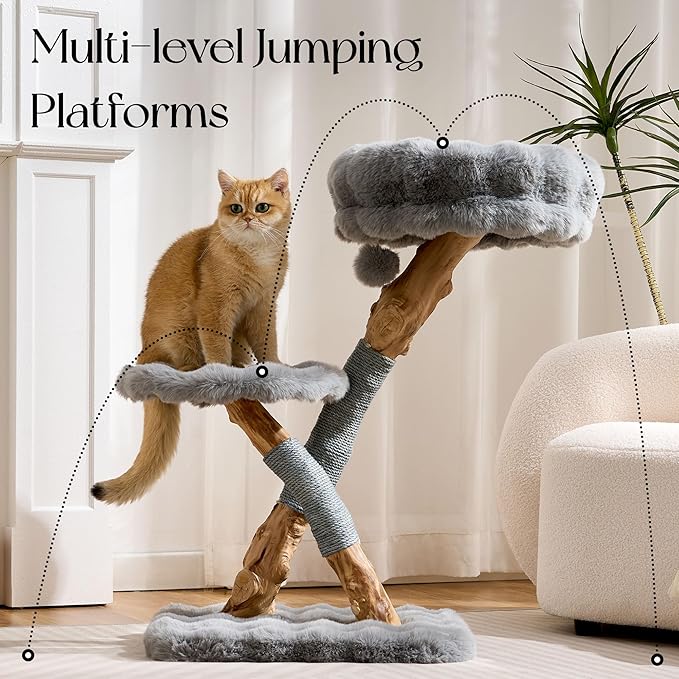 Solid Wood Cat Tree, Modern Cat Tree Tower for Large Indoor Cats, Natural Real Pear Wooden Aesthetic Cat Condo with Scratching Post for Adult Kittens-Grey