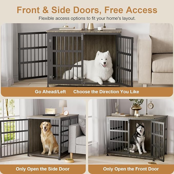 42" Furniture Style Large Dog Crate with Wheels, Metal Chew-Resistant Dog Kennel Indoor for Large & Medium Dogs, 41.9" W x 28.3" D x 31.7" H, Decorate House as TV Stand, End Table — Grey