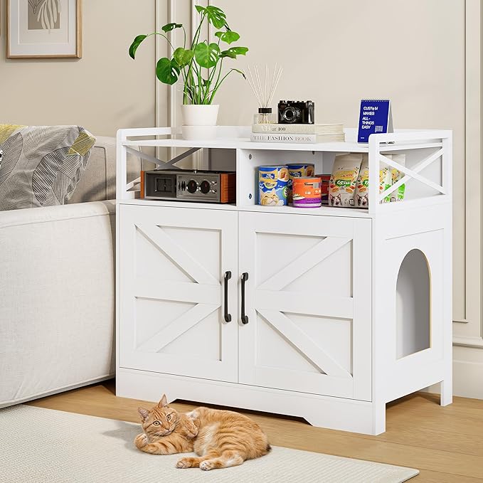 35" Ultra-Large Cat Litter Box Enclosure, Hidden Litter Box Cabinet with Anti-Tipping Fence and 2 Open Drawers, Enclosed Litter Box Furniture End Table, White