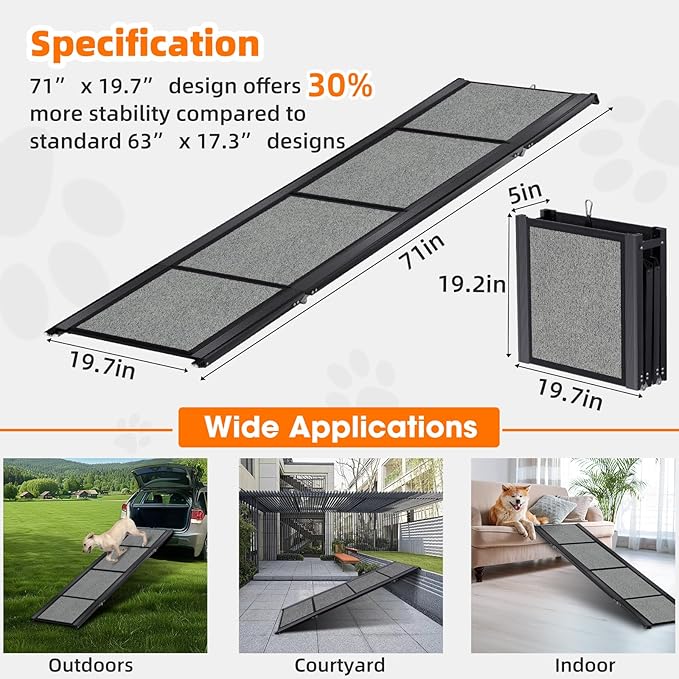 Dog Ramp for Car 𝟕𝟏”𝐱𝟐𝟎” Large Folding Pet Stair Ramps for Truck, SUV, with Non-Slip Surface, Up to 250LBS, Outdoor Dog Car Ramp for Medium & Large Dogs, Portable Pet Steps