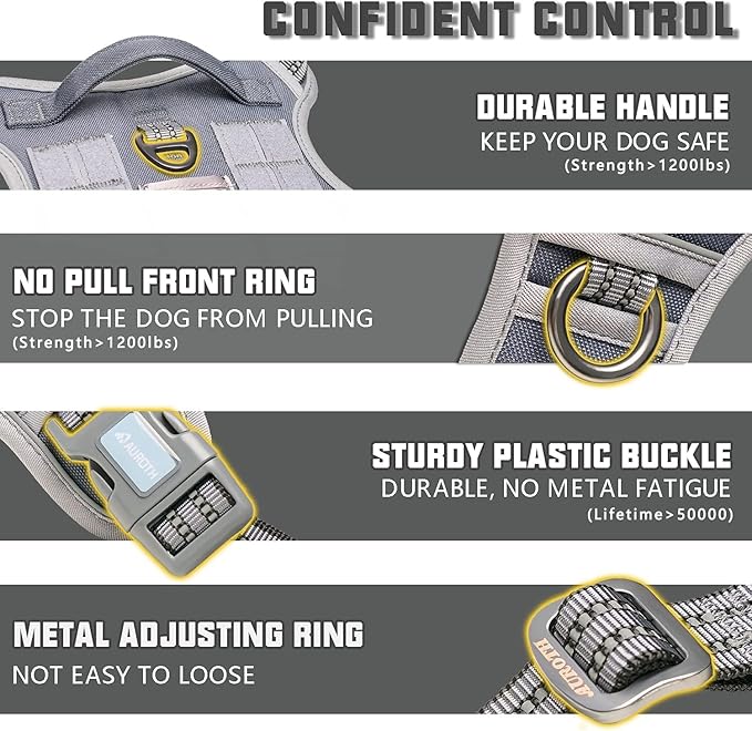 Auroth Tactical Dog Harness for Small Medium Dogs No Pull Adjustable Pet Harness Reflective K9 Working Training Easy Control Pet Vest Military Service Dog Harnesses Grey S